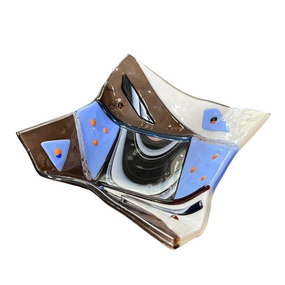 Fused Art Glass Decorative Bowl Wave Edge Candy Dish Brown Blue White